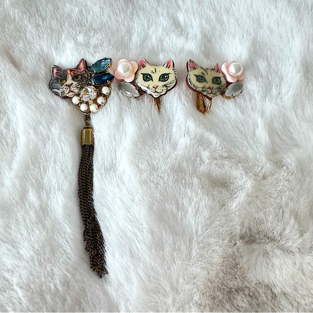 Pearled Cat Face Ear Clips with Tassel Accent Trio Set